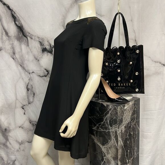 Madewell black silk shift with bronze sequin shoulders cap sleeve - Picture 3 of 5